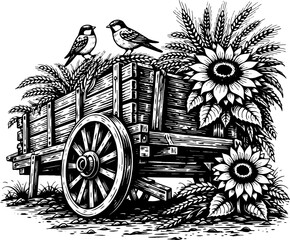 Fototapeta premium Vintage Wooden Cart With Sunflowers and Birds, Black and White Engraving Style Rural Illustration for Prints, Decor and Engraving