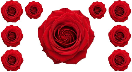 Arrangement of vibrant red roses against a stark black background emphasizing intricate petal details and symmetry in a floral composition