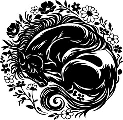 Obraz premium Sleeping Horse Surrounded by Flowers, Black and White Floral Animal Illustration in Engraving Style for Prints and Decorative Design