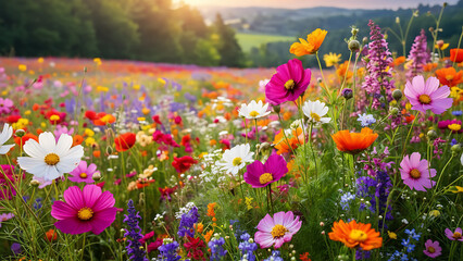 Vibrant Wildflower Meadow at Sunset