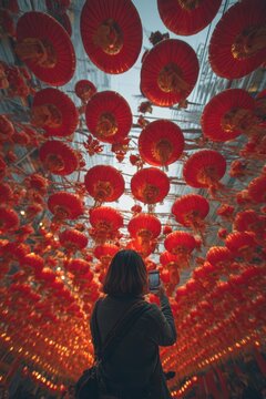 Chinese traditional lunar new year Spring Festival celebration in Asia. A woman wearing a bag and holding a mobile device, photographing a vibrant display of red lanterns suspended from the ceiling.