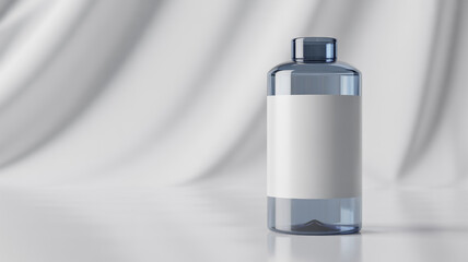 A blue liquid in a clear plastic bottle with a blank label, elegantly displayed against a soft, draped background.