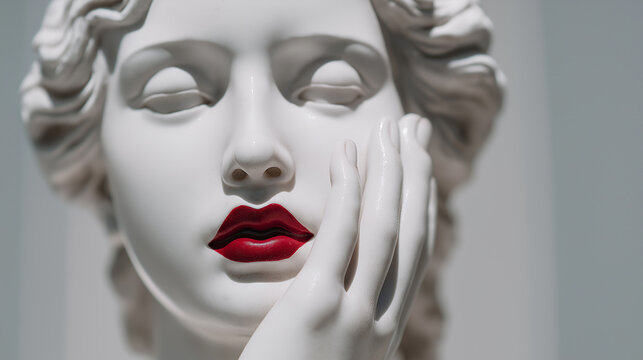 A stunning white statue of a woman's face, featuring bold red lips and delicate features, exuding a sense of beauty and elegance.