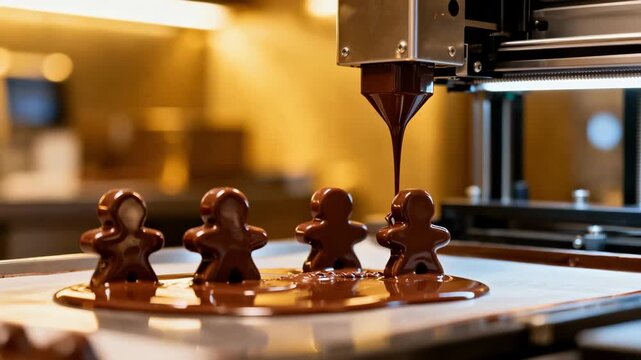 chocolate printer in action forming custom chocolate figures capturing the steady extrusion of tempered chocolate into unique shapes against a softfocus background.