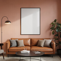 A stylish living room with a modern tan leather sofa and a blank framed picture on a terracotta wall, ready for interior design mockups.