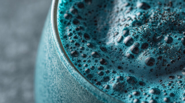 Close-up of vibrant blue spirulina smoothie with frothy texture in a glass, showcasing healthy lifestyle and superfood nutrition.