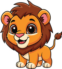 Fototapeta premium Young lion cartoon, editable vector clipart, smiling animal mascot, brown mane, orange fur, cheerful character, jungle, wildlife, playful