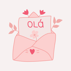 Translation from Portuguese - Hello. Hello card. Envelope with a leaf decorated with flowers and leaves. Perfect design for greeting cards, posters and social media. Brazilian Portuguese Lettering.