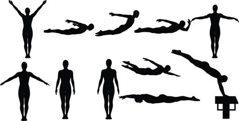Black silhouettes of male swimmers and divers in various athletic poses, professional swimming competition techniques and diving positions set, isolated vector illustration, white background
