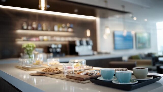 A sleek refreshments station with coffee cups and snacks in sharp focus while the surrounding lounge area fades softly into the background.