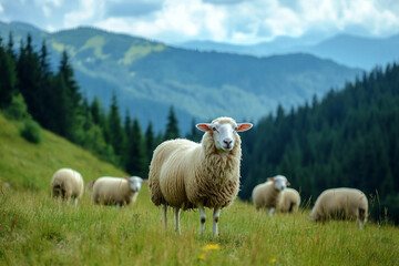 Fototapeta premium Playful White Sheep in a Rustic Farm Setting, an Adorable Pastoral Scene, Generative AI