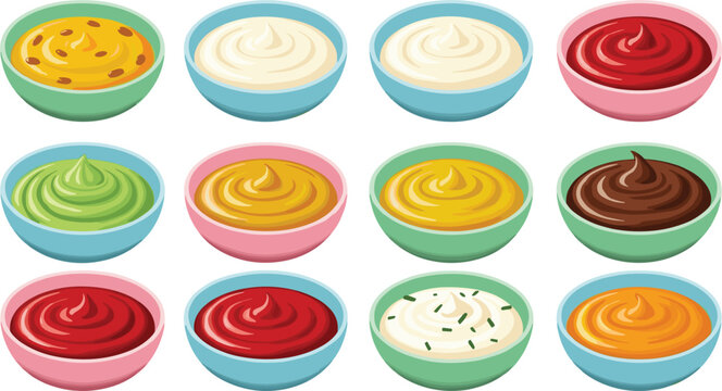 Colorful sauce and dip bowls vector set with creamy condiments and spreads isolated