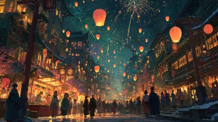 Obraz premium Chinese traditional lunar new year Spring Festival celebration in Asia. A vibrant night scene of people walking down a street illuminated by lanterns and fireworks.