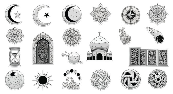 Monochrome vintage collection of celestial, Islamic, and mystical symbols. Includes ancient navigation tools, spiritual mandalas, and architectural elements.