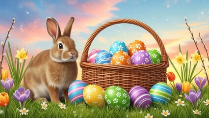 Whimsical easter bunny beside a basket of colorful eggs in a vibrant meadow