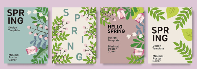 Spring floral vector poster set with leaves and blossoms, minimal seasonal greeting card templates design