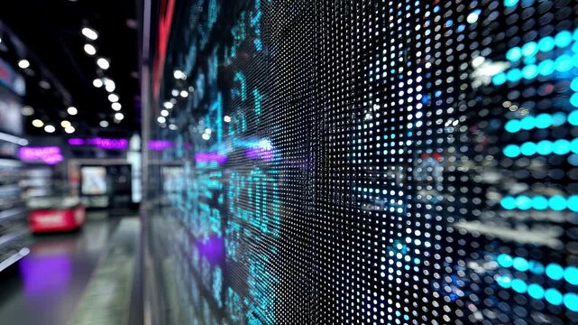 Closeup medium shot of a micro LED display presenting crystalclear text and images with the fine pixel structure in sharp focus against a softly blurred retail interior