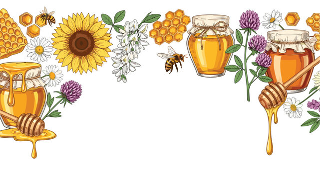 Seamless horizontal border with jars of honey, honeycombs, dipping sticks, and various flowers like sunflower, clover, and chamomile.