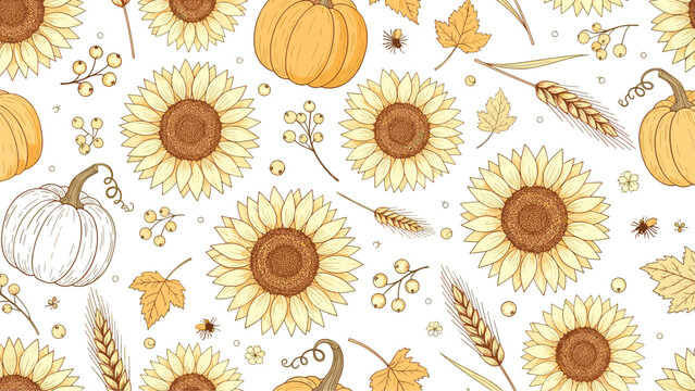 Autumn-themed seamless pattern with hand-drawn sunflowers, pumpkins, wheat stalks, and fall leaves on a clean white background.