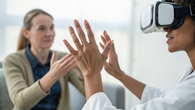 Two women engage in virtual reality therapy, one wearing a VR headset while the other observes, showcasing the intersection of technology and mental health. - Powered by Adobe