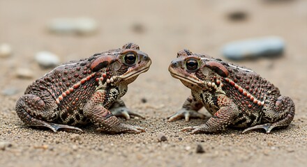 Obraz premium Two textured toads with vibrant red spots sit facing each other on a sandy surface in a symmetrical pose.
