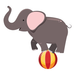 Cute cartoon elephant balancing joyfully on a colorful striped ball, perfect for children&rsquo;s illustrations and playful vector graphics in microstock collections