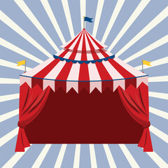 Iconic cartoon circus tent vector with bold striped canopy, grand entrance framed by crimson drapes, nautical flags on summit. Energetic backdrop of converging light beams on azure sky