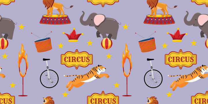 Seamless circus pattern on purple background with lions, elephants on drums, tigers jumping