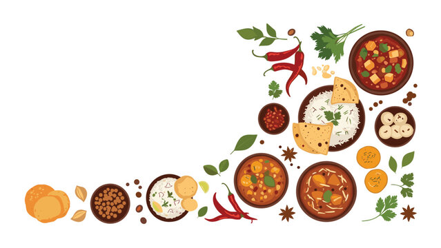 A top-down view of a corner frame with various traditional Indian food dishes like curry, rice, and bread for a menu.