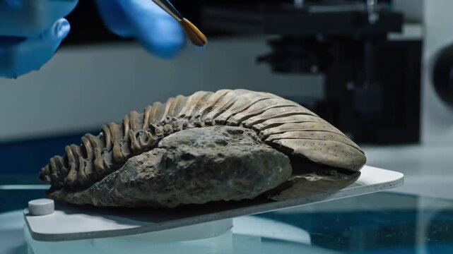4K cinematic video trilobite fossil being prepared scientific laboratory time-lapse sediment removal meticulous cleaning microscope fossil rotating turntable extreme close-up fossil textures mineraliz