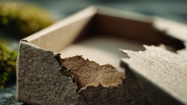 Biodegradable packaging box in medium shot featuring selfrepair action on a torn edge the outoffocus environment emphasizes sustainability and advanced material technology.