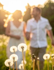 Pareja joven caminando de la mano entre flores silvestres al atardecer, rodeados de dientes de le&oacute;n en un campo iluminado por luz dorada, transmitiendo amor, libertad y felicidad.