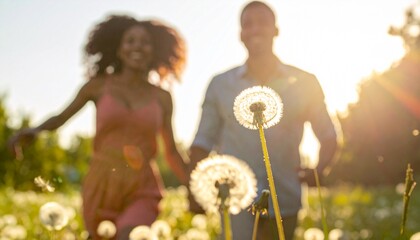 Pareja joven caminando de la mano entre flores silvestres al atardecer, rodeados de dientes de le&oacute;n en un campo iluminado por luz dorada, transmitiendo amor, libertad y felicidad.