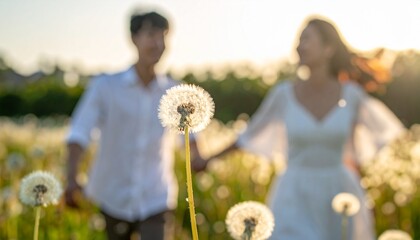 Pareja joven caminando de la mano entre flores silvestres al atardecer, rodeados de dientes de le&oacute;n en un campo iluminado por luz dorada, transmitiendo amor, libertad y felicidad.