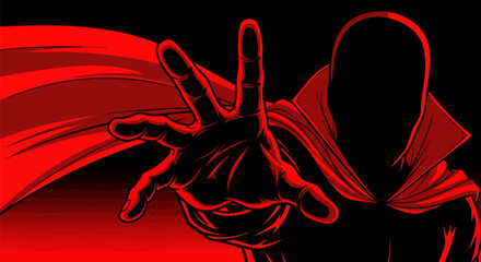 Red and Black Silhouette of Superhero Reaching Out Vector © Design