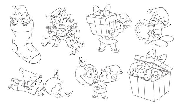 Cute Christmas elves in various festive poses: playing, carrying gifts, drinking cocoa, tangled in lights, hiding in a stocking, breaking ornaments, and peeking from a present box. Outline set
