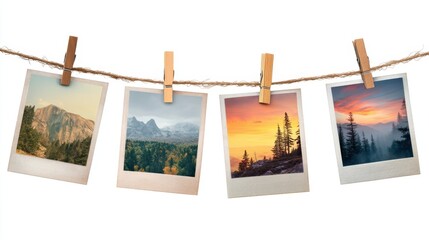 Nature scenes on polaroid clips: mountains, forests, and sunsets displayed on twine.
