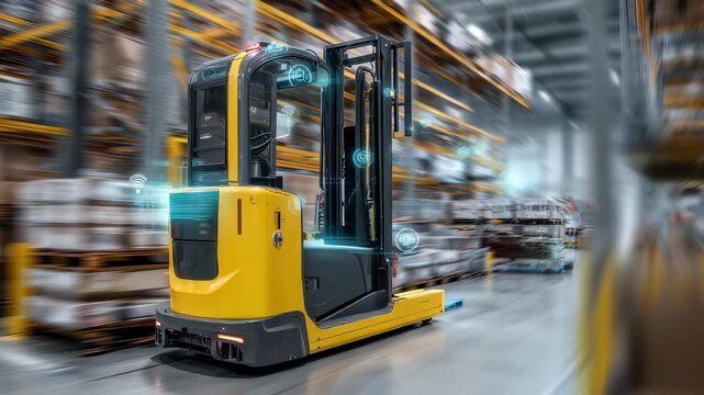 Autonomous forklift moves smoothly through a blurred facility sensors and robotic mechanisms crisp in frame illustrating advanced emissionfree automation in logistics.
