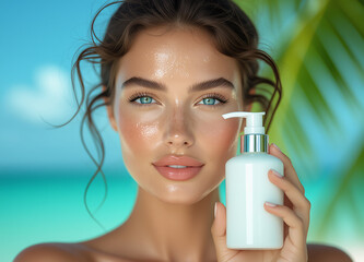 model with dewy skin and blue eyes, holding bottle of  lotion