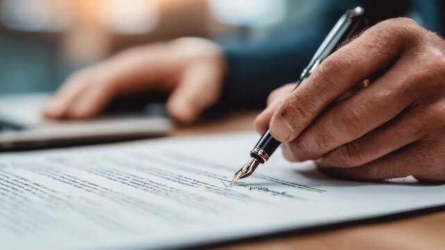 Closeup medium shot of hands signing a leasing contract for heavy machinery focus on document and pen background softly out of focus representing contractual rental agreements.