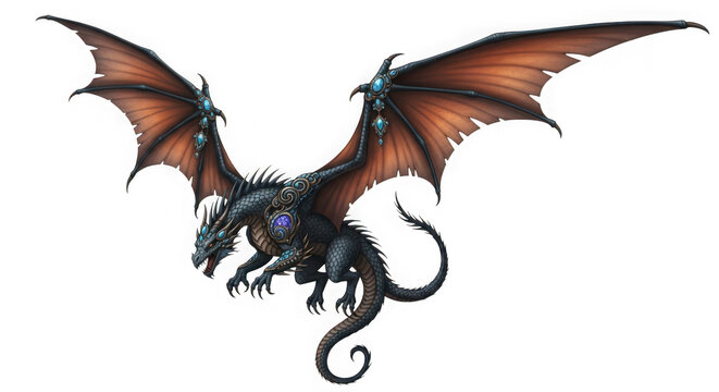 Majestic black dragon soaring with vibrant crimson and amber wings against the darkness