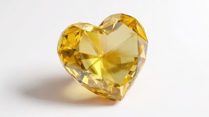 Fototapeta premium Heart-shaped yellow gemstone with intricate facets on white background.