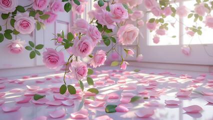 Soft Pink Roses and Scattered Petals Background