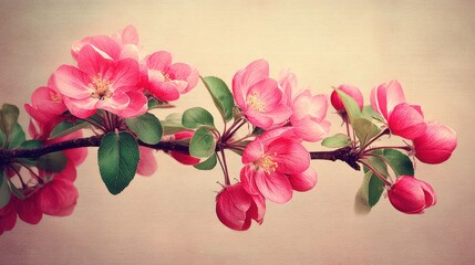 Delicate Pink Spring Blossoms on a Branch. Beautiful flowering tree branch with fresh blooms, symbolizing new life and growth.