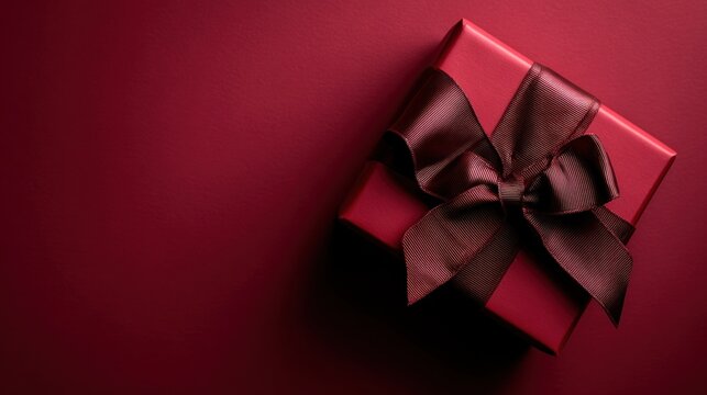A single elegant present in deep red wrapping paper and a dark bow rests on a complementary rich red surface. This thoughtful gift is ready for giving during a celebration