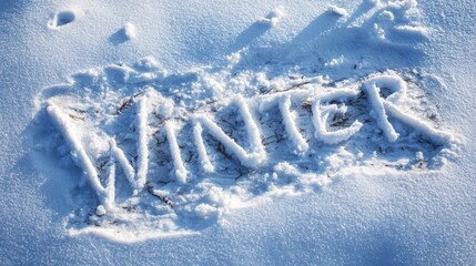 The word "WINTER" written in fresh, pristine white snow with subtle footprints, symbolizing the cold season, holidays, and frosty weather.