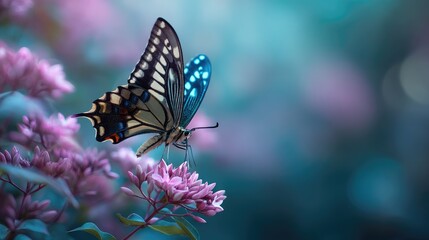 Graceful butterfly perched on vibrant flower petals with soft glowing background, showcasing nature's beauty and tranquility in a serene environment