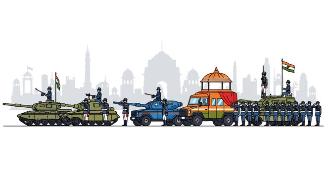 Illustration of a Republic Day India military parade with cavalry, tanks, and people, featuring the Indian flag and city skyline in the background.
