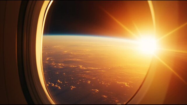 Orange sunlight casting warm glow across earth's curved horizon, illuminating atmospheric layers through spaceship window with mesmerizing cosmic perspective during interstellar journey