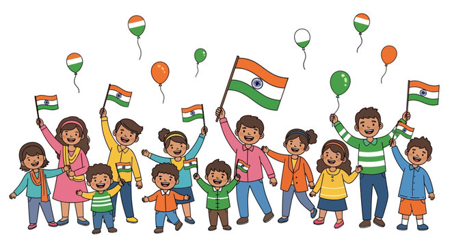 Illustration of children and adults celebrating Republic Day of India with flags and balloons in a colorful parade scene.
